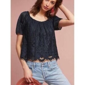 [Moulinette Soeurs] Anthropologie Navy Blue Lace Puff Short Sleeve Top